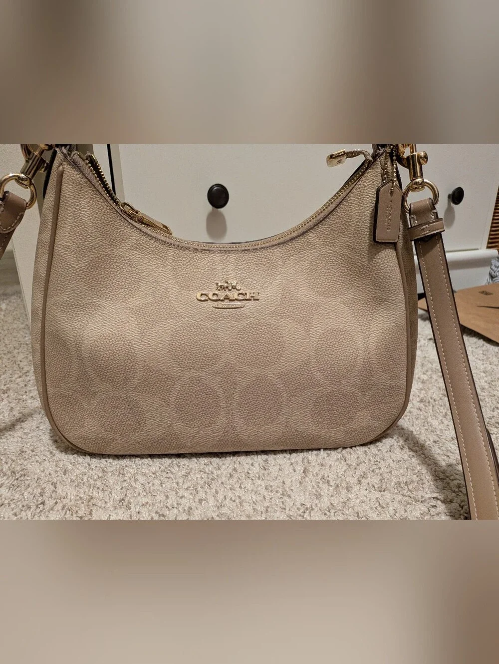 Coach Teri Hobo In Sand/Taupe Signature Canvas with Matching Corner Zip Wallet